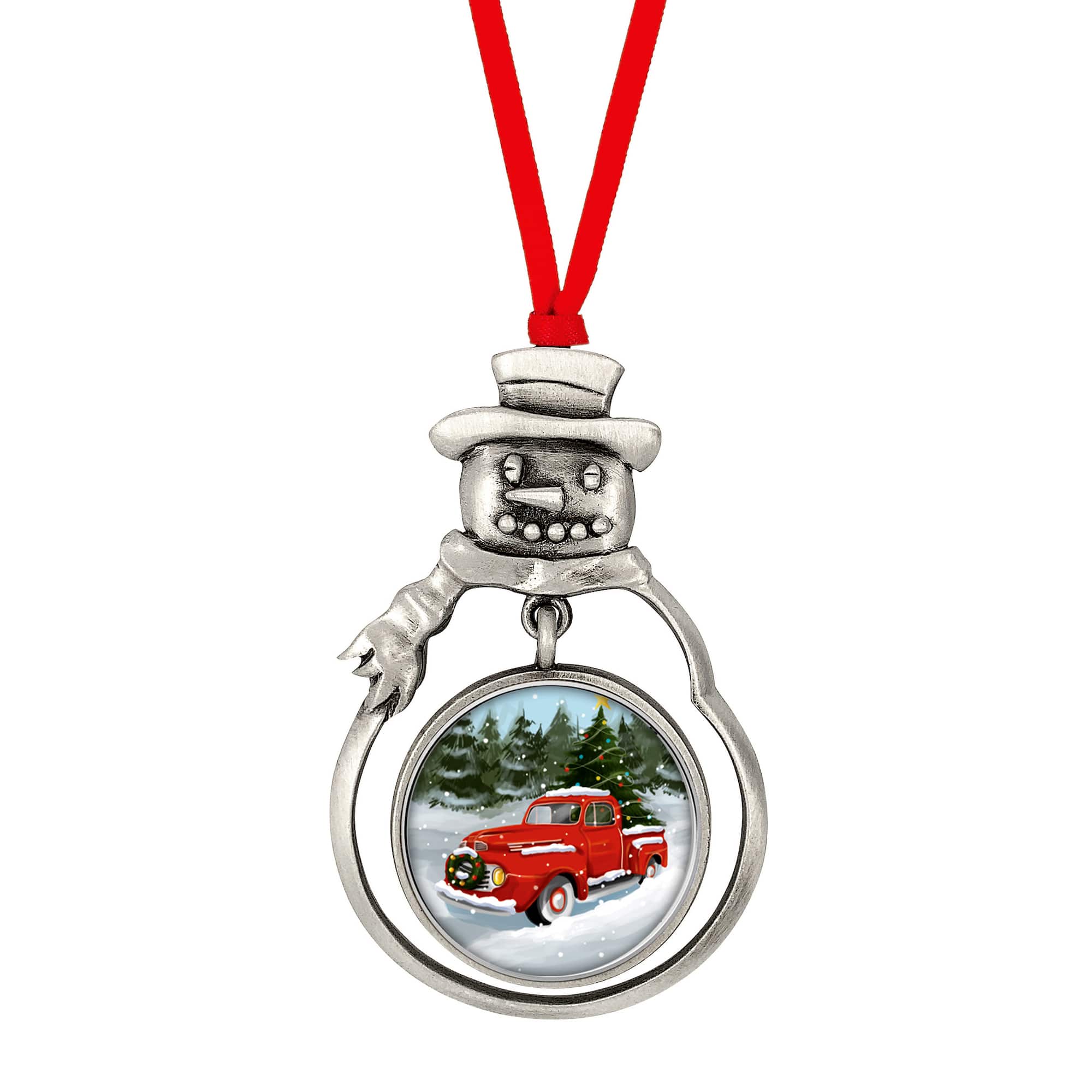 JFK Half Dollar Snowman Ornament With Colorized Vintage Red Christmas Tree Truck Coin